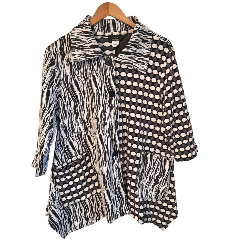 Womens‎ VTG LTX Black White Asymmetrical Tunic Jacket Buttons Pockets Large